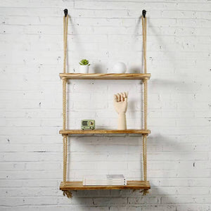 Rustic Solid Wood Rope Hanging Wall Shelf Country Vintage Storage Floating Shelf - Dryinsta