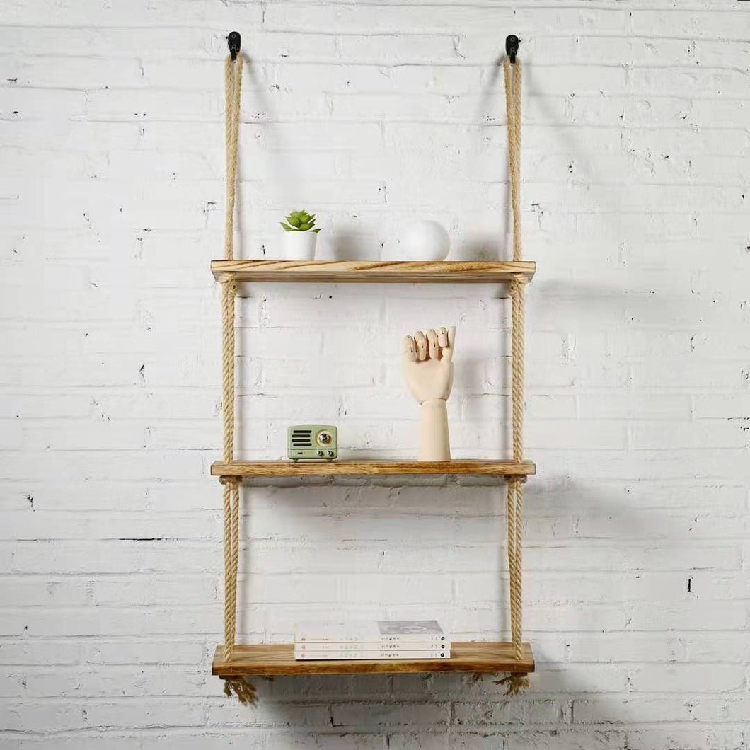 Rustic Solid Wood Rope Hanging Wall Shelf Country Vintage Storage Floating Shelf - Dryinsta